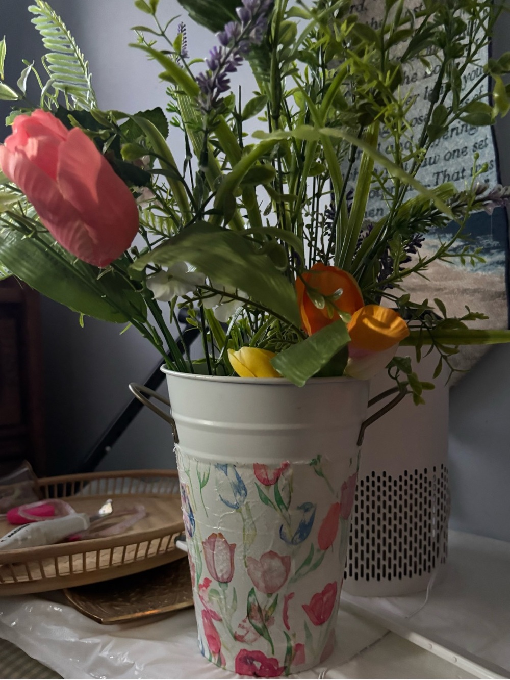 Floral Tulip covered Metal Vase - Home Accents 8.5”